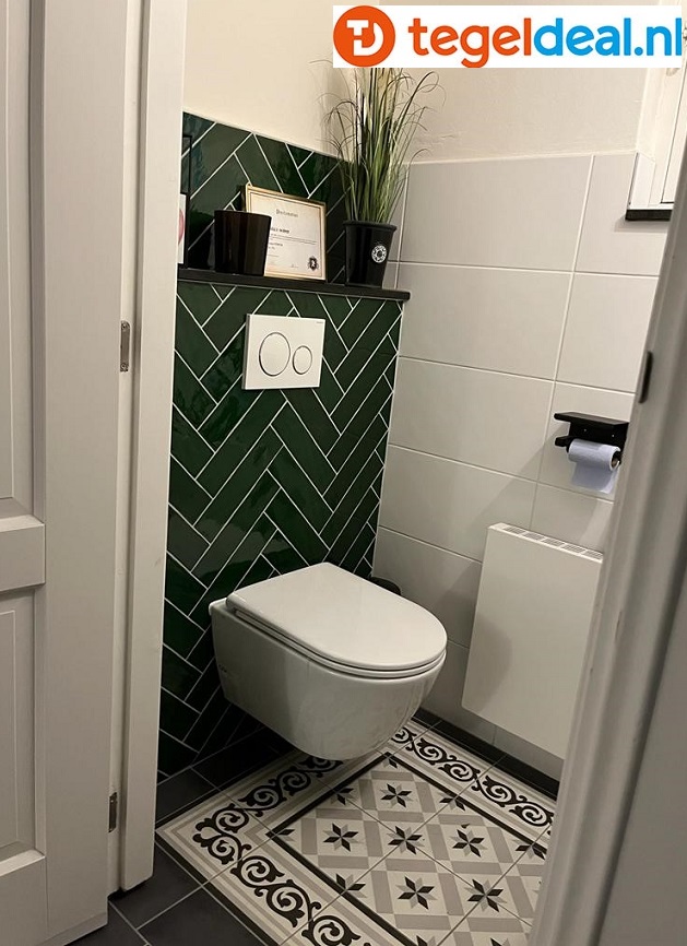 Diverse tegels in een gang, toilet en badkamer